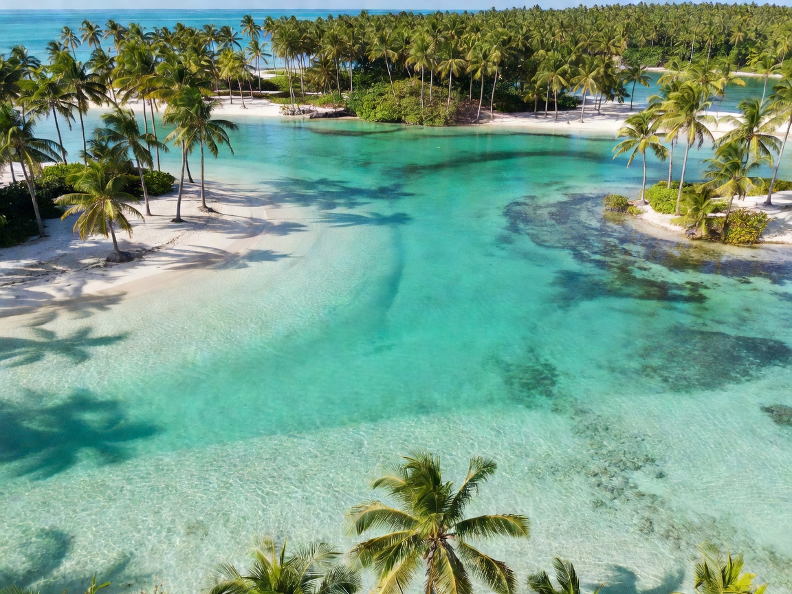 Aerial view of isolated turquoise lagoon in Anambas Islands surrounded by tropical palm trees