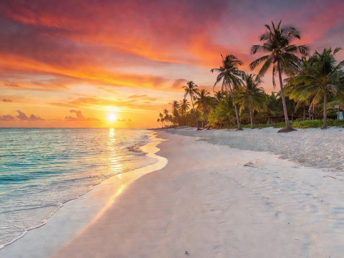 Sun setting over serene tropical sea shore