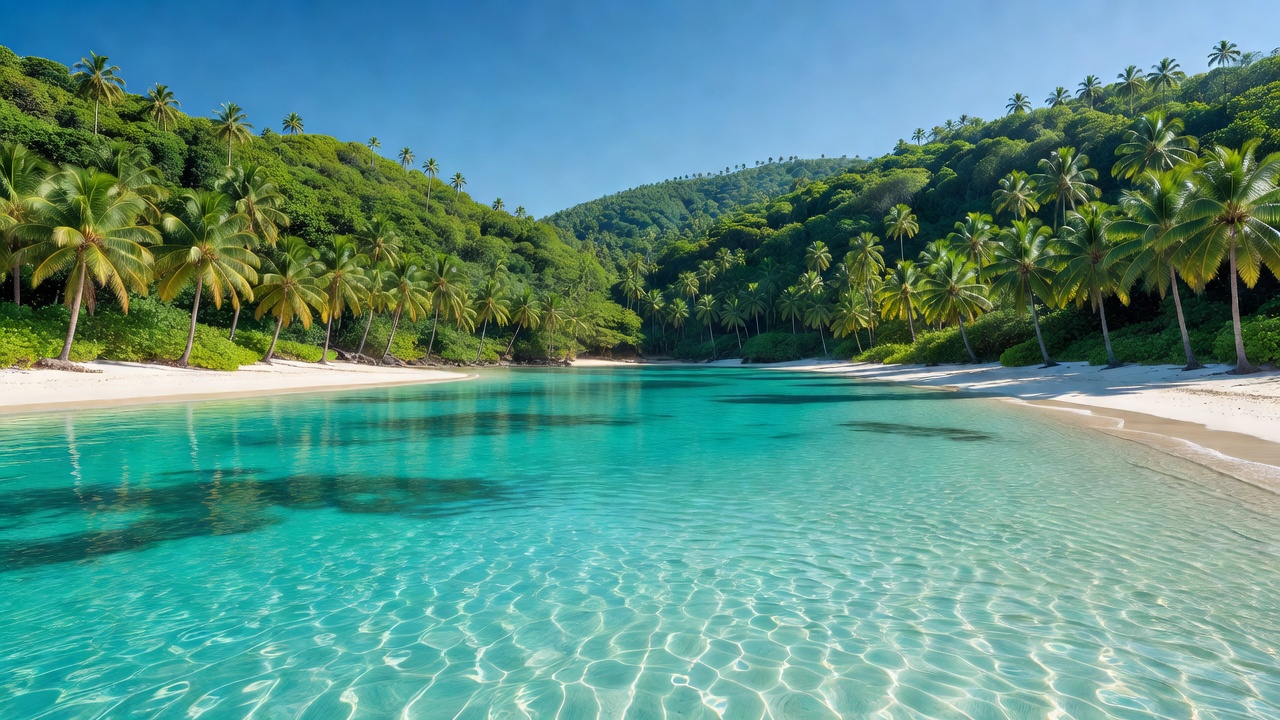 Crystal clear turquoise ocean bay surrounded by lush palm tree hills