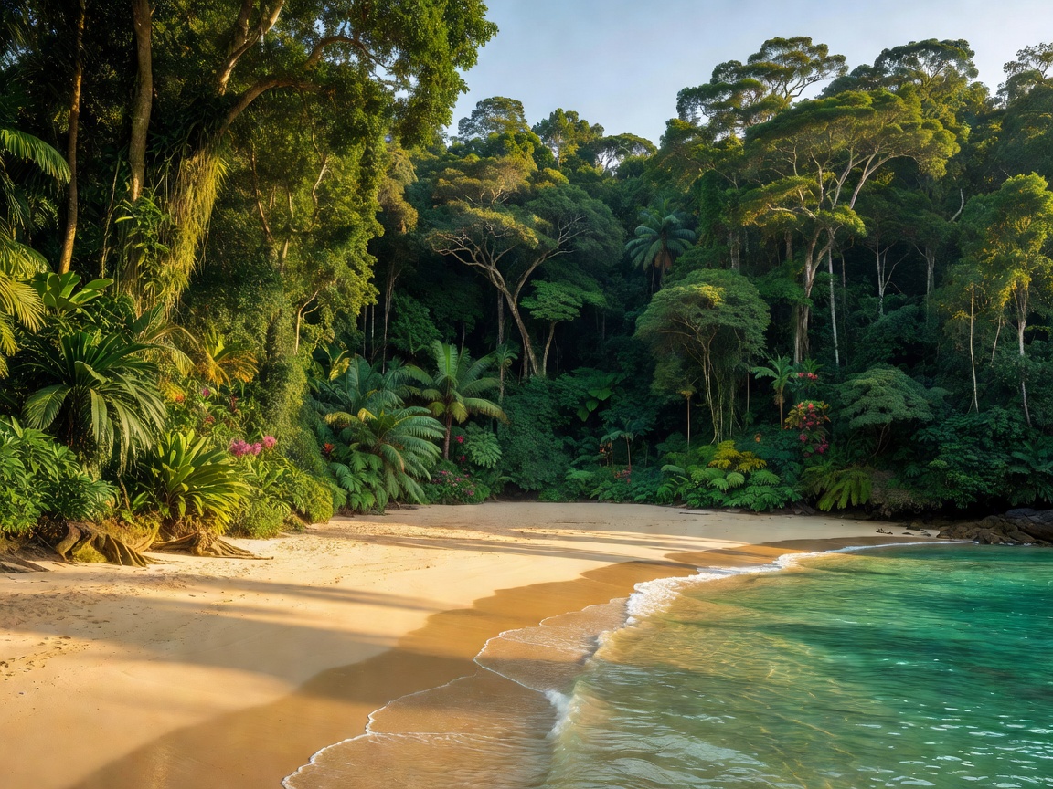Golden sandy cove surrounded by pristine untouched jungle foliage