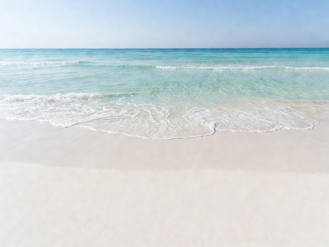Pristine white sand beach with white foam waves crashing gently