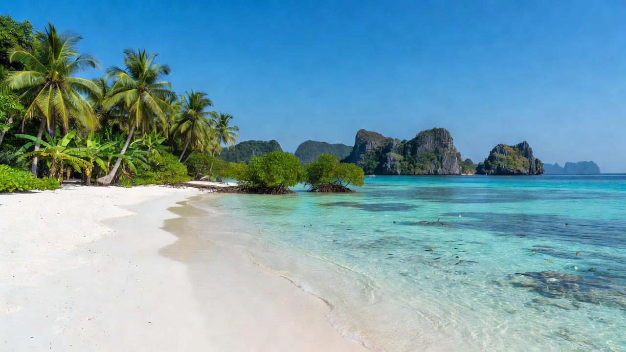Remote tropical white sand bay in Mergui Archipelago with turquoise clear waters