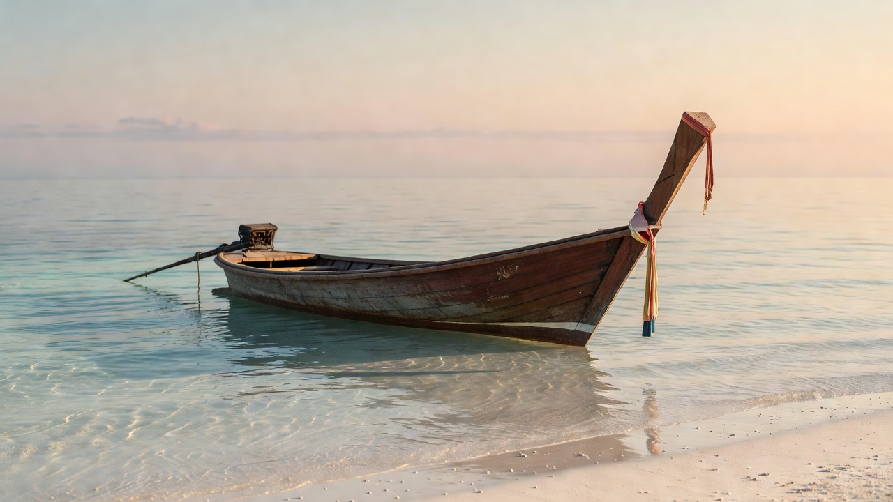 Wooden longtail boat floating on serene shallow sea shore